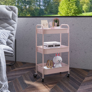HOMCOM Carrito Auxiliar con Ruedas Carrito de Almacenamiento con 3 Cestas y Marco de Acero para Salón Dormitorio Oficina Cocina 45x30,6x79 cm Rosa