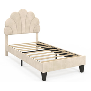Lit simple Amalia tête de lit coquillage 90x190cm velours beige