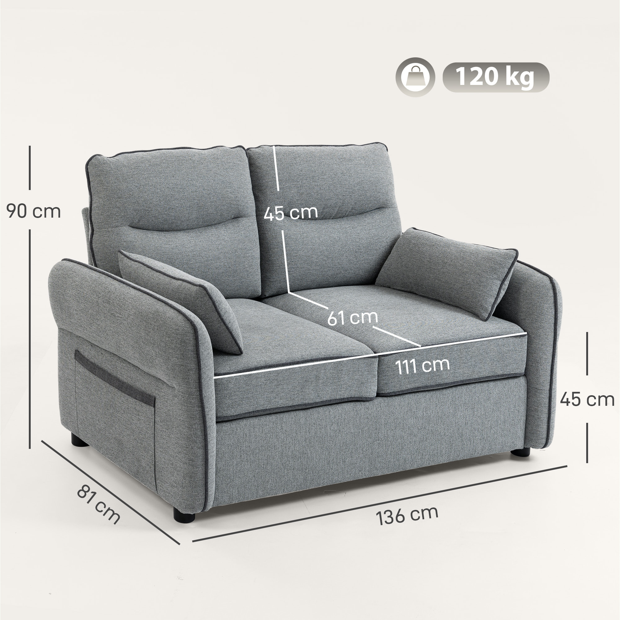 Canapé 2 places moderne haut dossier grand confort 2 coussins poche rangement velours gris
