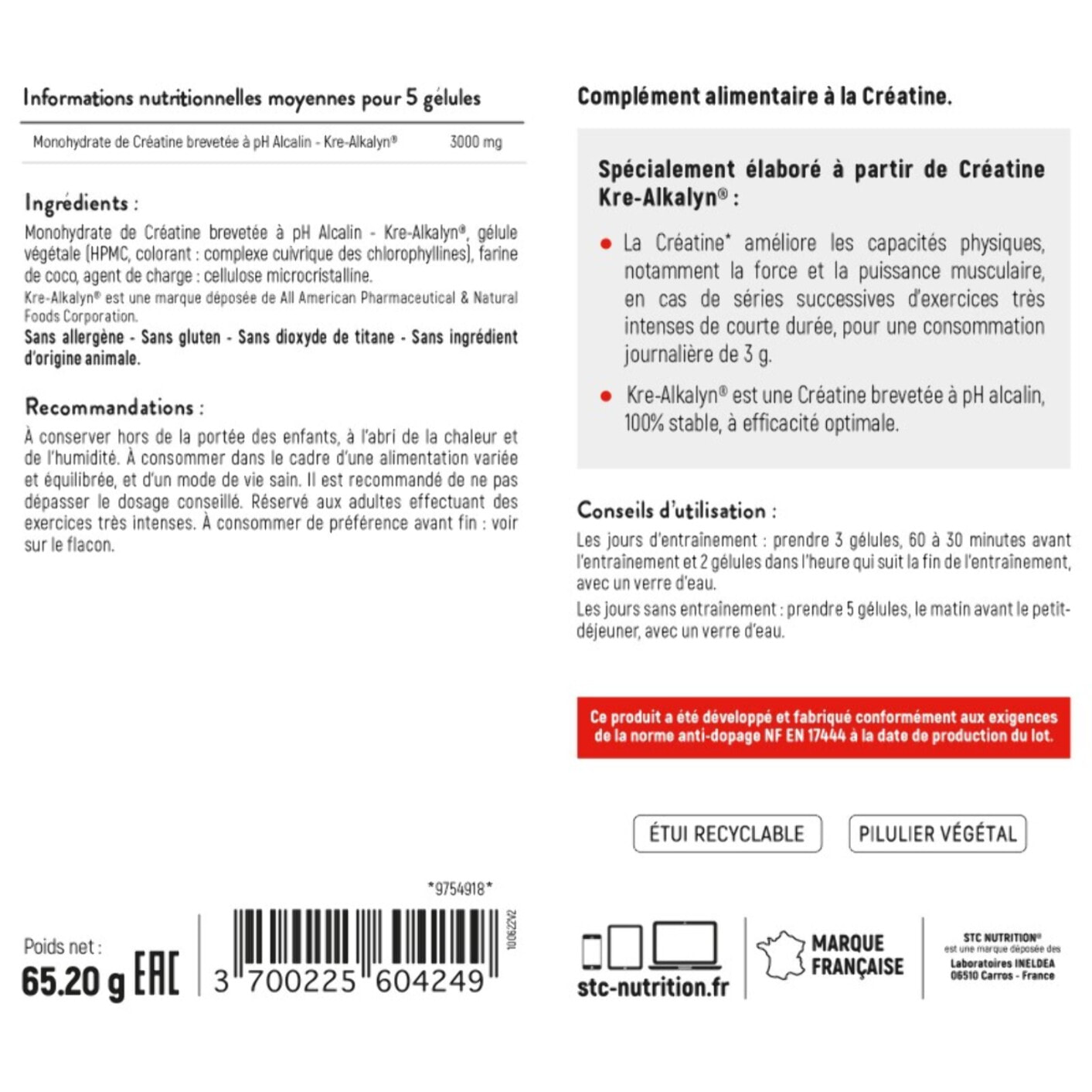 STC NUTRITION - Kre-Alkalyn 3000 - Booster de muscles- Spécial exercices intenses - Norme anti-dopage - 100% Vegan - Actif breveté - 80 gélules