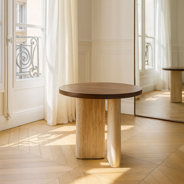 Table d'appoint ronde avec plateau foncé et pied effet travertin 40cm AMBER