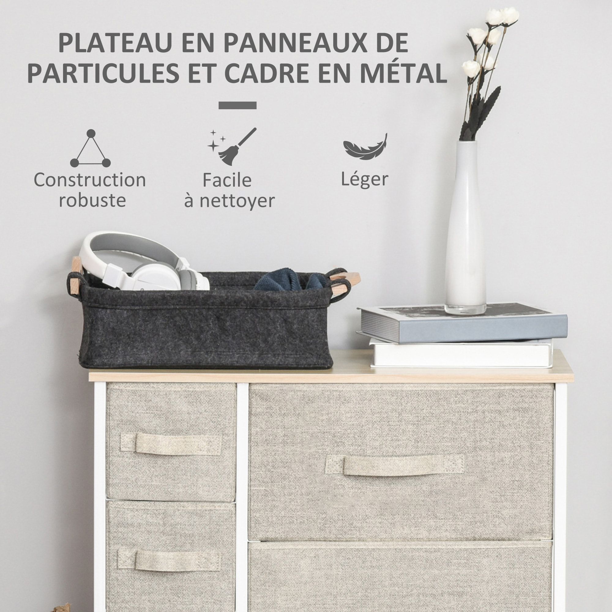 Meuble de rangement commode design 64L x 30l x 71H cm 7 tiroirs métal MDF non tissé blanc