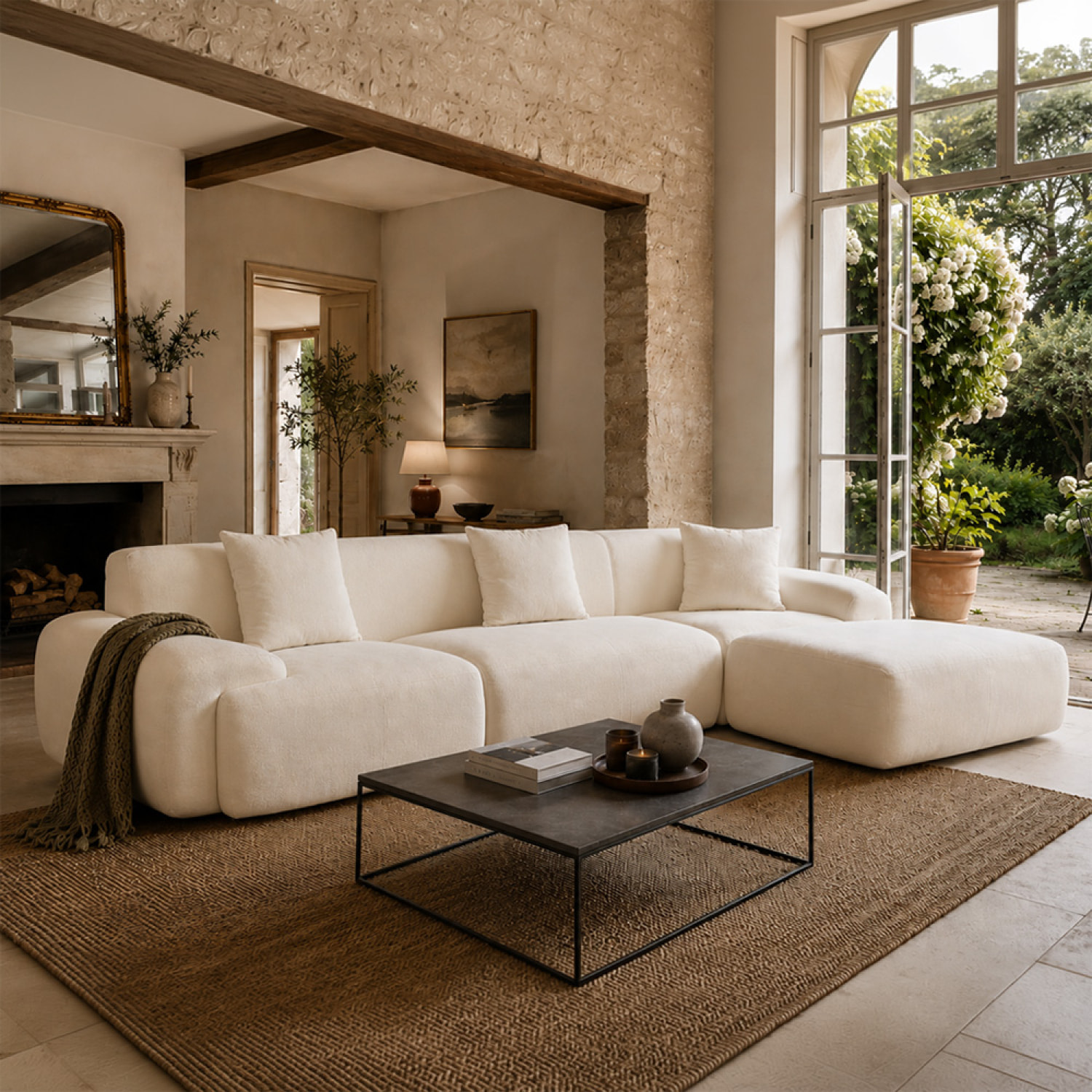 Canapé nuage compressé modulable en tissu chenille beige 4-5 places BURGESS