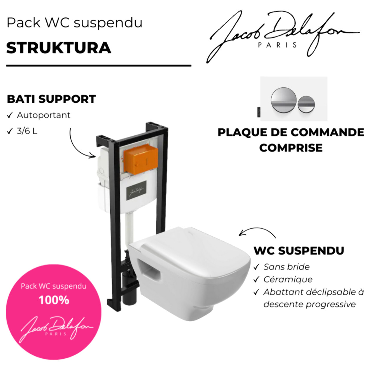 Pack WC suspendu sans bride Struktura avec abattant + bâti support + plaque chrome brillant/blanc mat