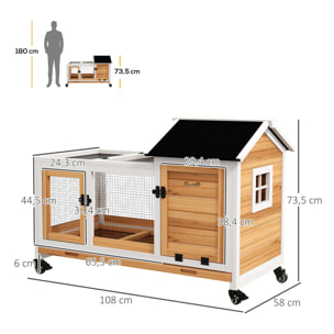 Conejera de Madera con Ruedas Jaula para Conejos con Techo Abatible y Bandeja Extraíble Conejera para Interior y Exterior 108x58x73,5 cm Natural