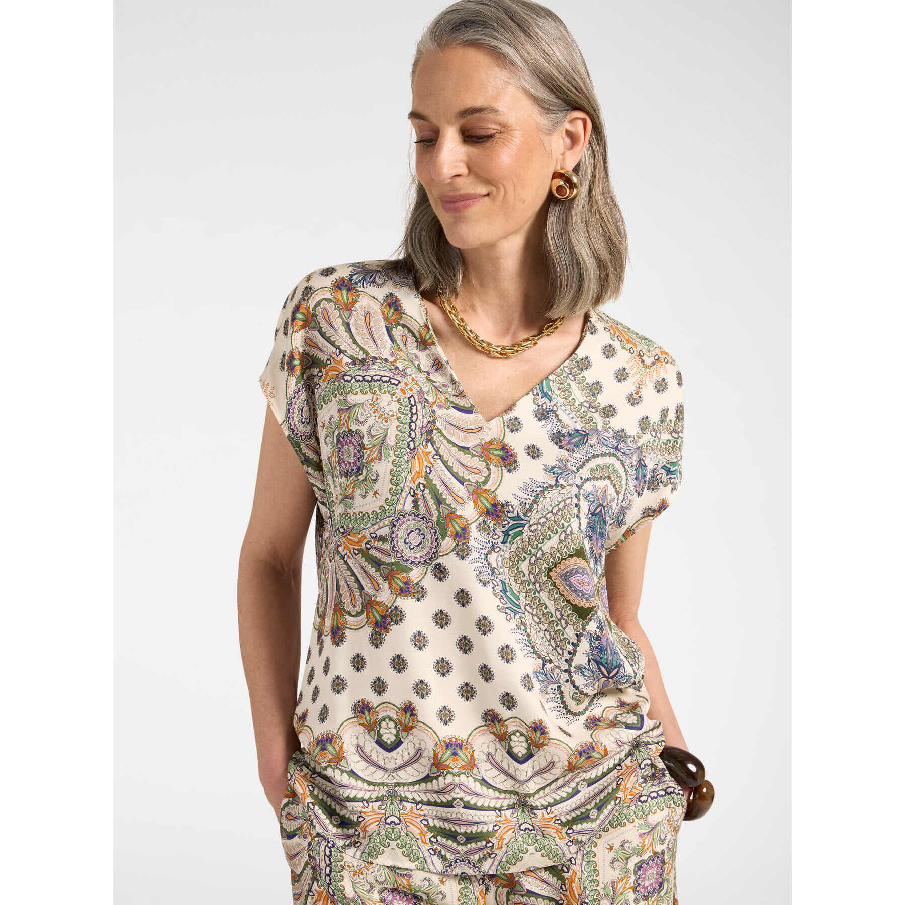 Elena Mirò - Blusa in viscosa stampata con scollo a V - Beige