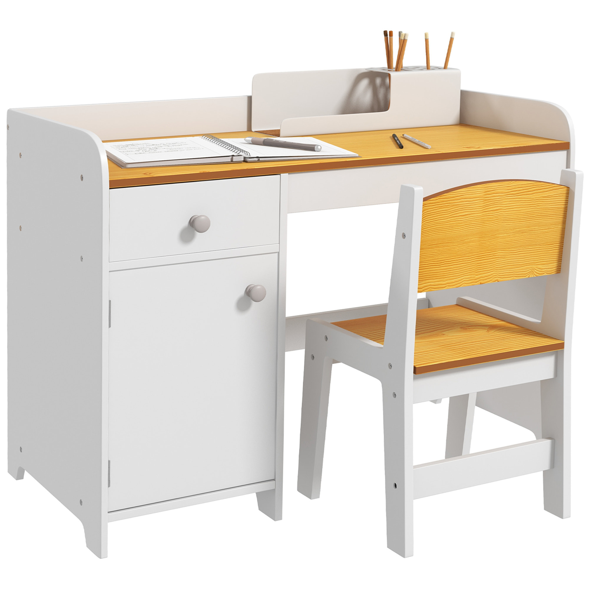 Conjunto de Escritorio de 2 Piezas Pupitre Infantil Escritorio para Niños Incluye Silla y Mesa con Cajón y Armario para Dormitorio Sala Blanco y Natural