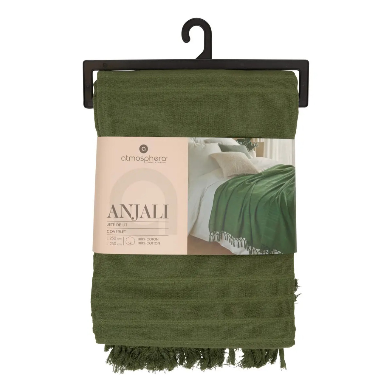 Jeté de lit Anjali 230x250 vert kaki en coton