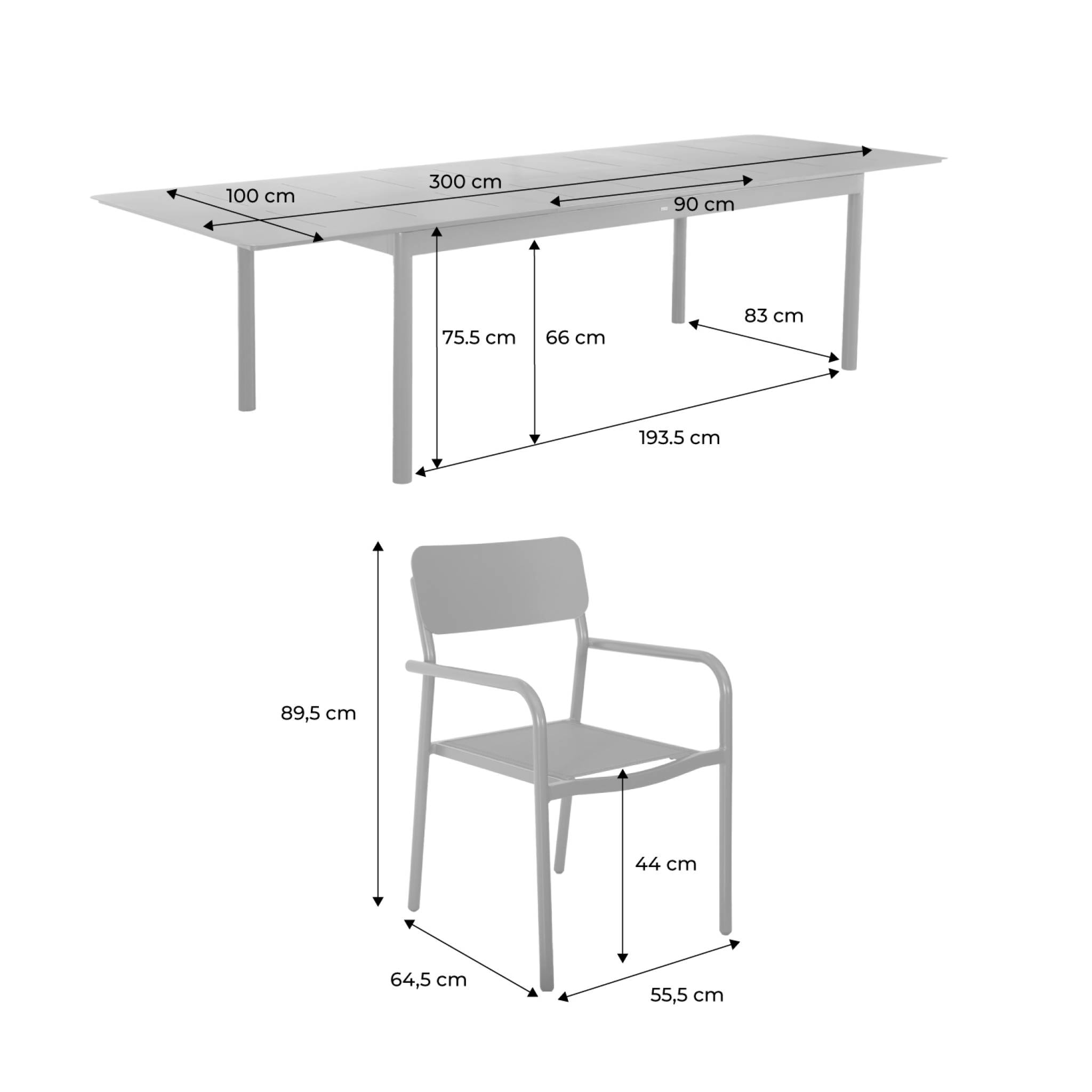 Table de jardin extensible aluminium + 8 assises CHARLESTON + SAVANNAH