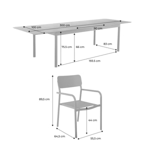 Table de jardin extensible aluminium + 8 assises CHARLESTON + SAVANNAH
