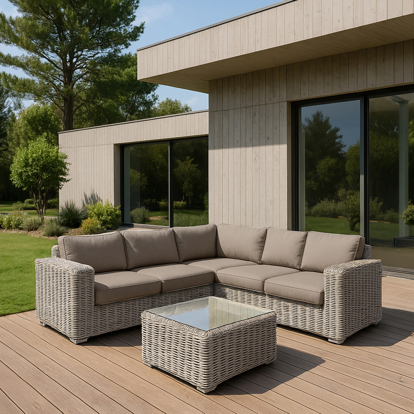 Salon de jardin en résine effet rotin tressé gris 7 places ANTIGUA