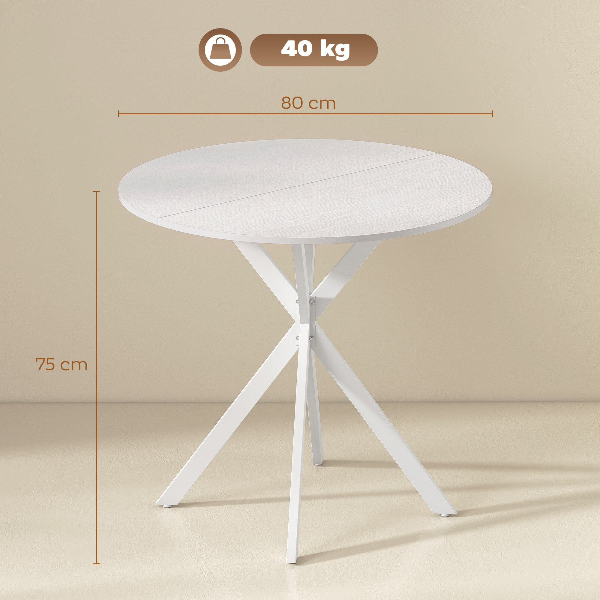 HOMCOM Mesa de Comedor Redonda, Mesa de Cocina Pequeña para 2 Personas, Estilo Moderno, Patas de Acero Cruzadas, para Comedor, Cocina, Salón, Ø80 cm, Blanco