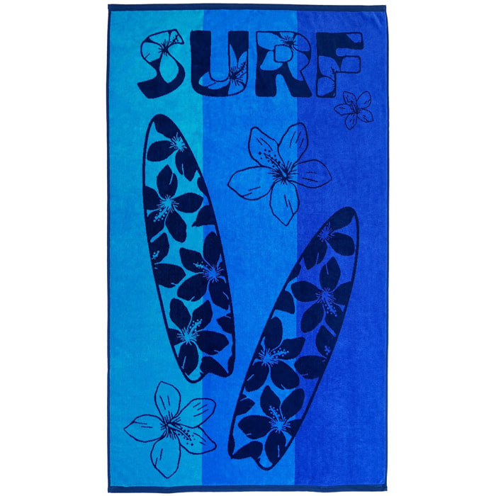 Serviette de plage éponge velours Jacquard Bleu 95x175 440g/m² - Pyrgos