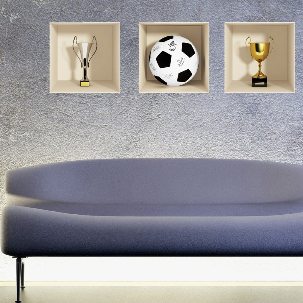 Stickers muraux 3D | Sticker Mural Autocollant effet 3D football et coupes - Stickers adhésifs 3D Chambre Salon Trompe l'oeil