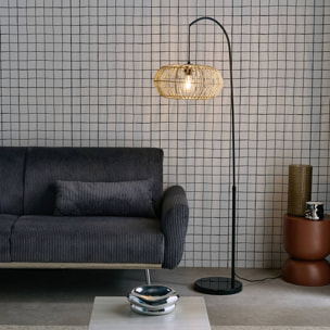 Lampadaire intérieur exotique rotin naturel métal et pierre effet marbre H170cm Diego