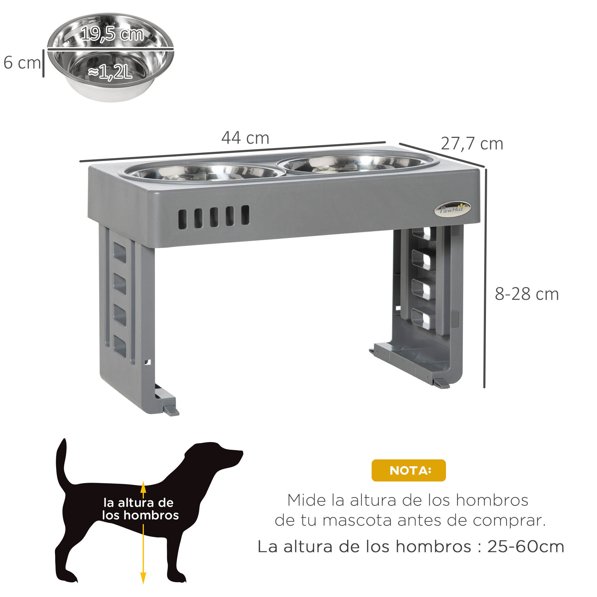 Comedero Elevado para Perros con 2 Platos Desmontables Ajustable 44x27,7x28cm