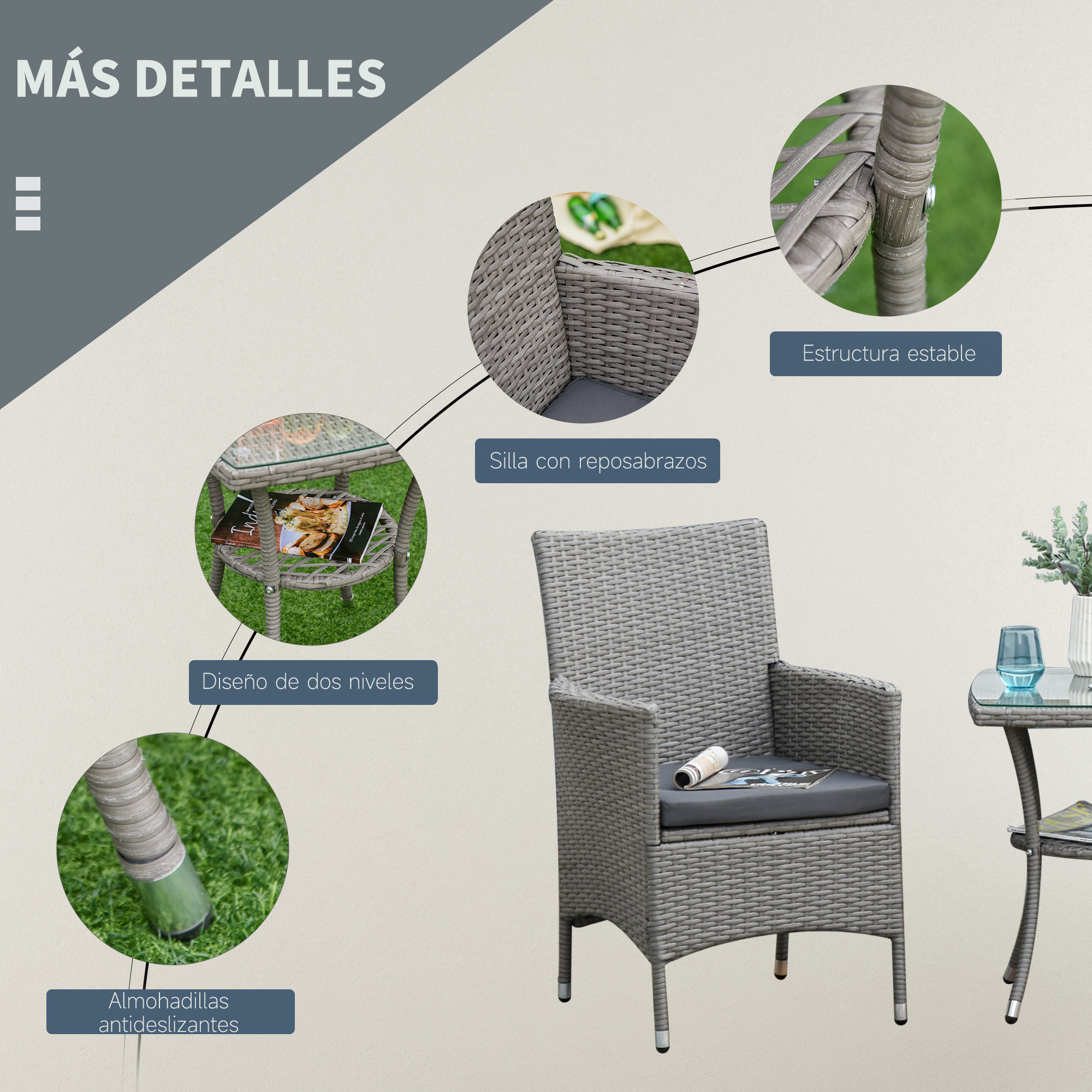 Conjunto Muebles para Exterior con 1 Mesa 2 Sillas con Cojines Blanco Set Gris