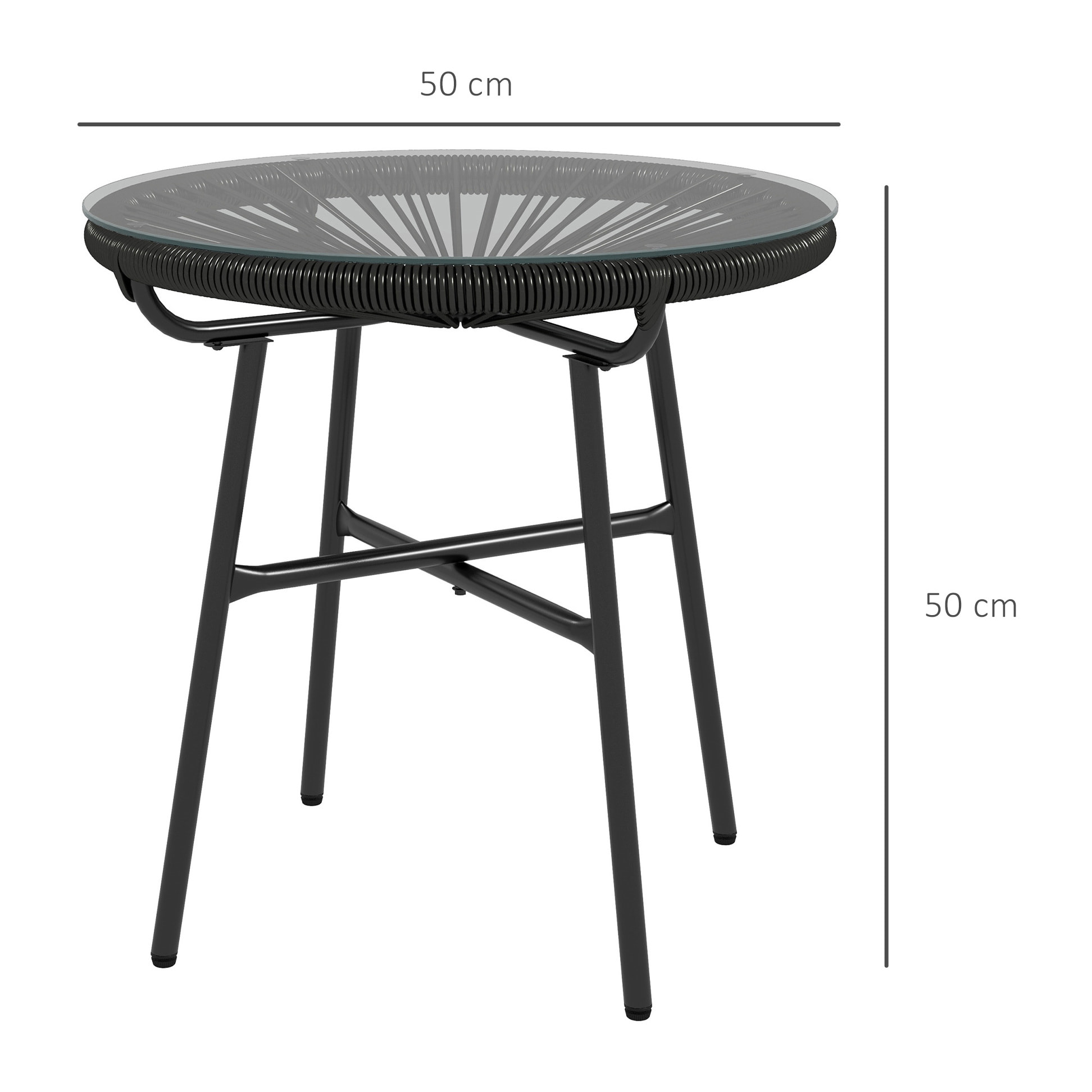 Mesa de Jardín de Ratán Sintético Mesa de Centro Redonda para Exteriores con Tablero de Vidrio Templado y Patas de Metal para Patio Balcón Ø50x50 cm Negro