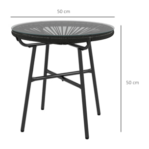 Mesa de Jardín de Ratán Sintético Mesa de Centro Redonda para Exteriores con Tablero de Vidrio Templado y Patas de Metal para Patio Balcón Ø50x50 cm Negro