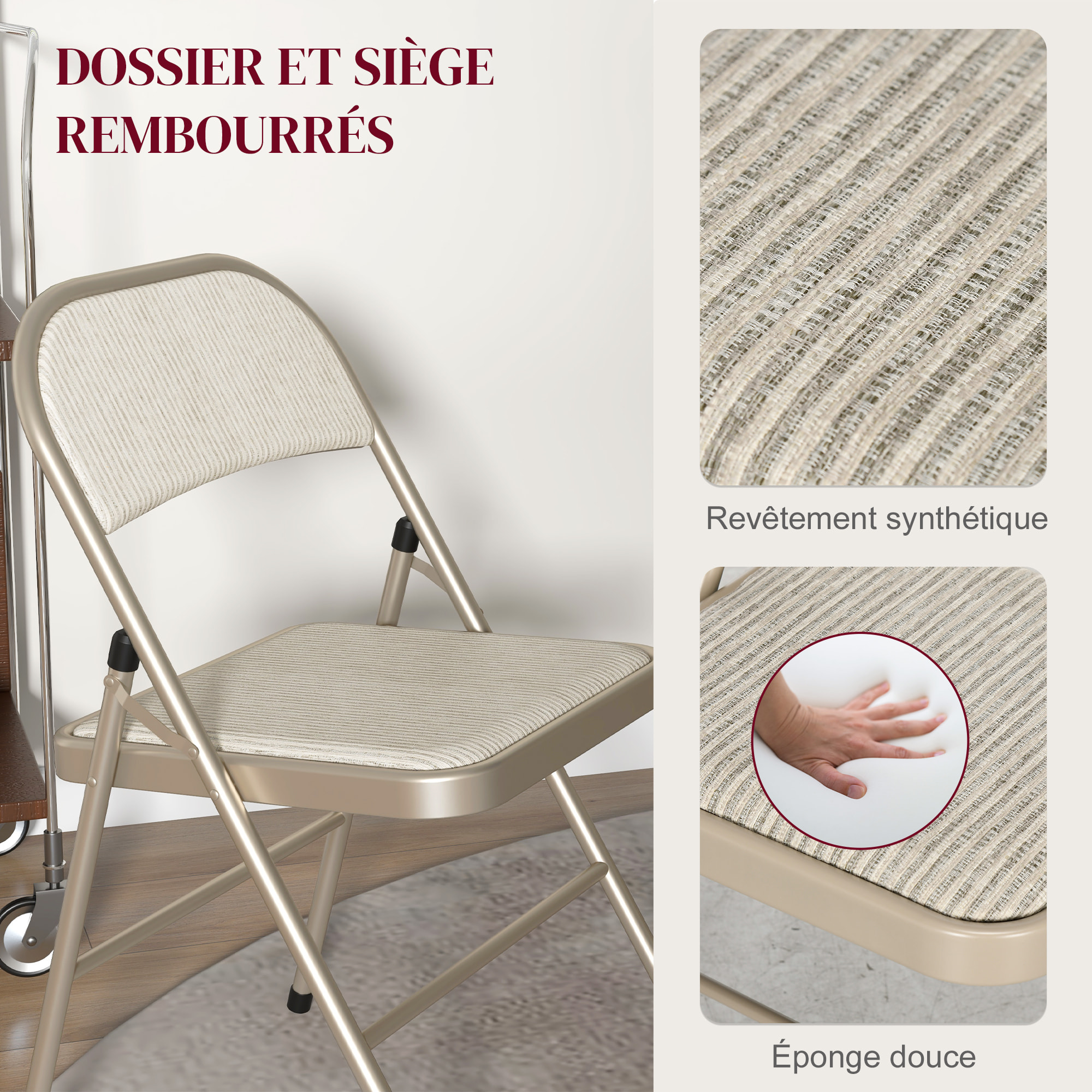 Lot de 6 chaises pliantes assise dossier rembourrés acier tissu toucher lin beige