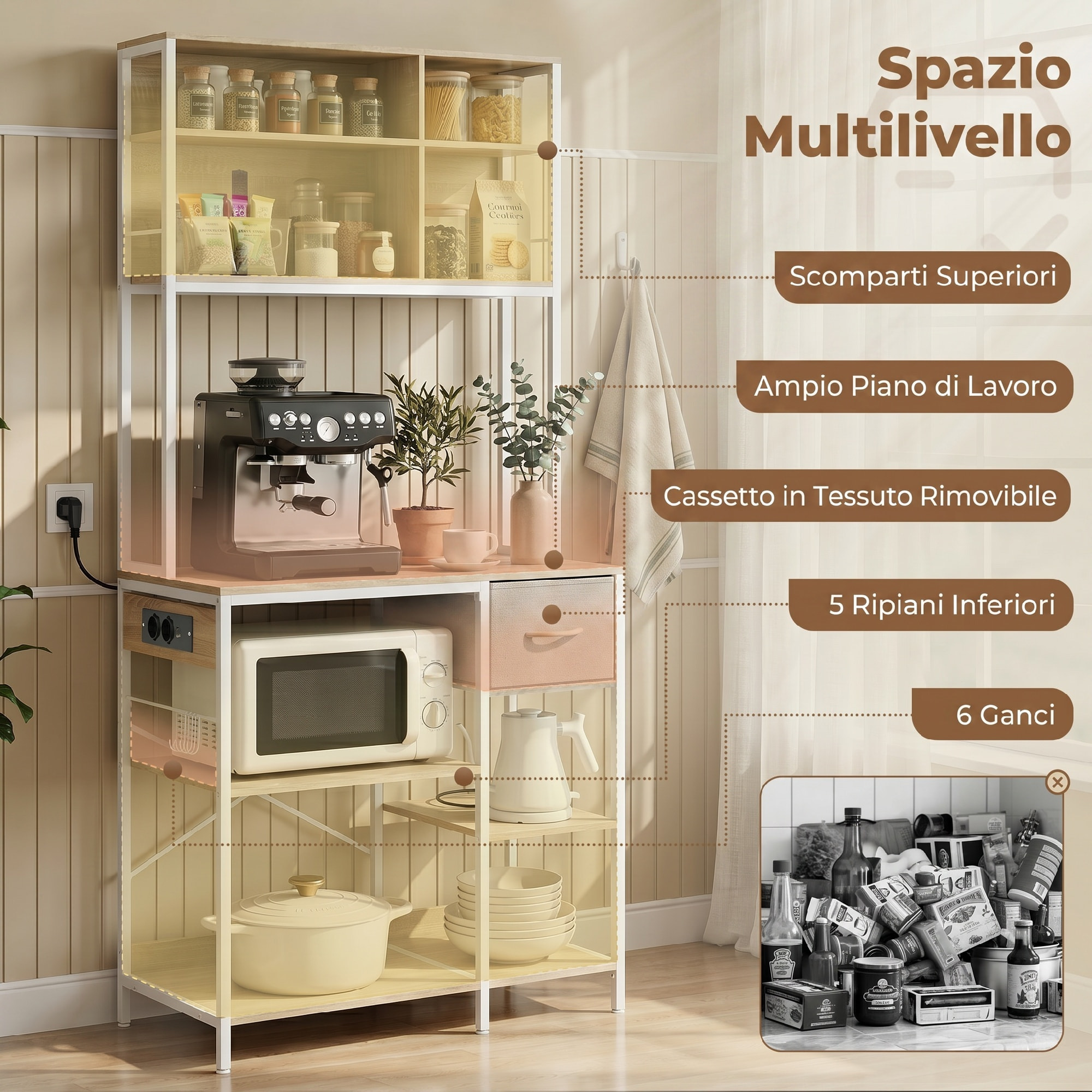 Estantería de Cocina con Enchufes y Puertos USB, Mueble Auxiliar de Cocina, Soporte de Microondas, 8 Estantes, 6 Ganchos, Cajón de Tela, para Espacios Reducidos, 80x40x181 cm, Roble
