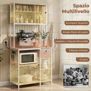 Estantería de Cocina con Enchufes y Puertos USB, Mueble Auxiliar de Cocina, Soporte de Microondas, 8 Estantes, 6 Ganchos, Cajón de Tela, para Espacios Reducidos, 80x40x181 cm, Roble