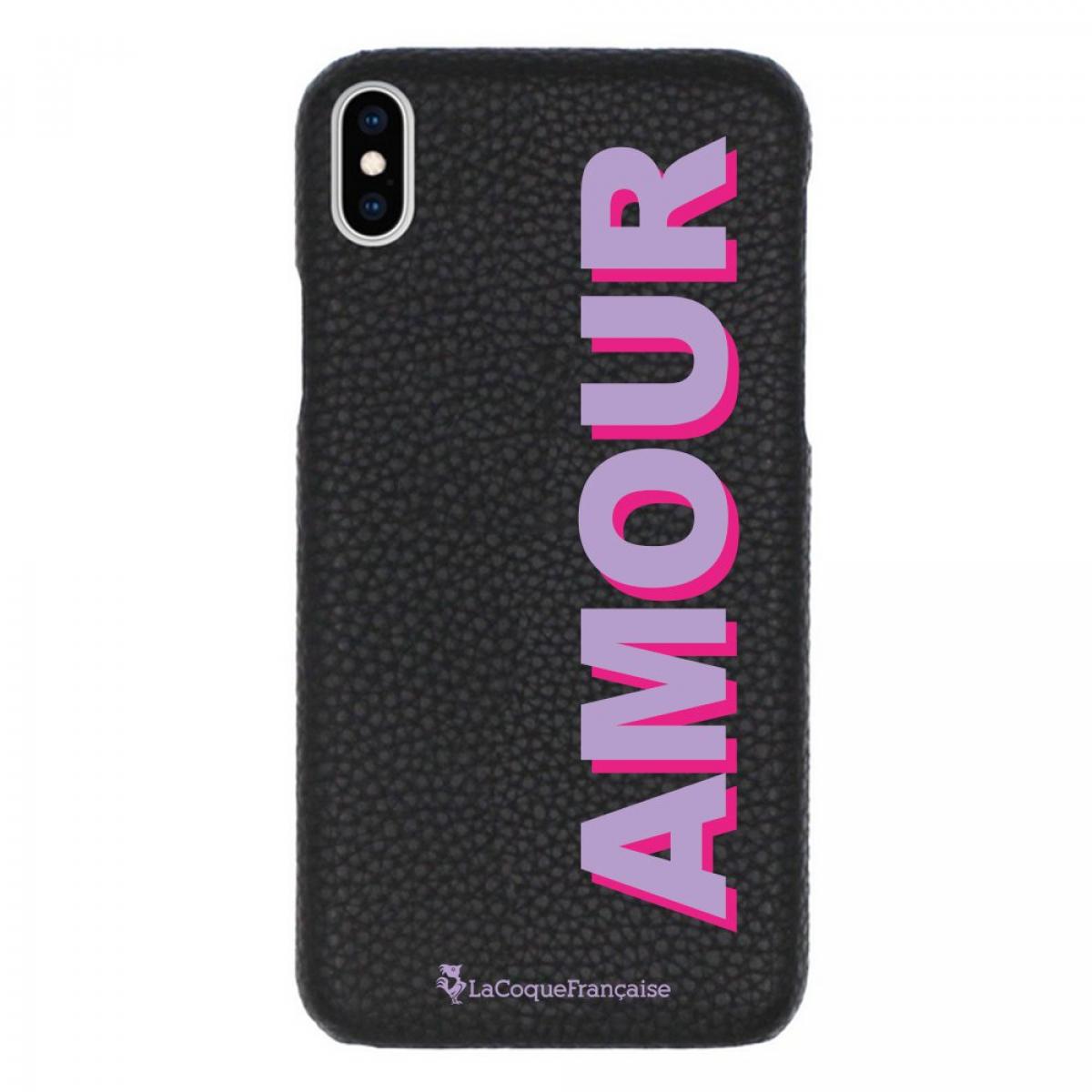 Coque iPhone X/XS effet cuir grainé noir Amour parme et fushia Design La Coque Francaise