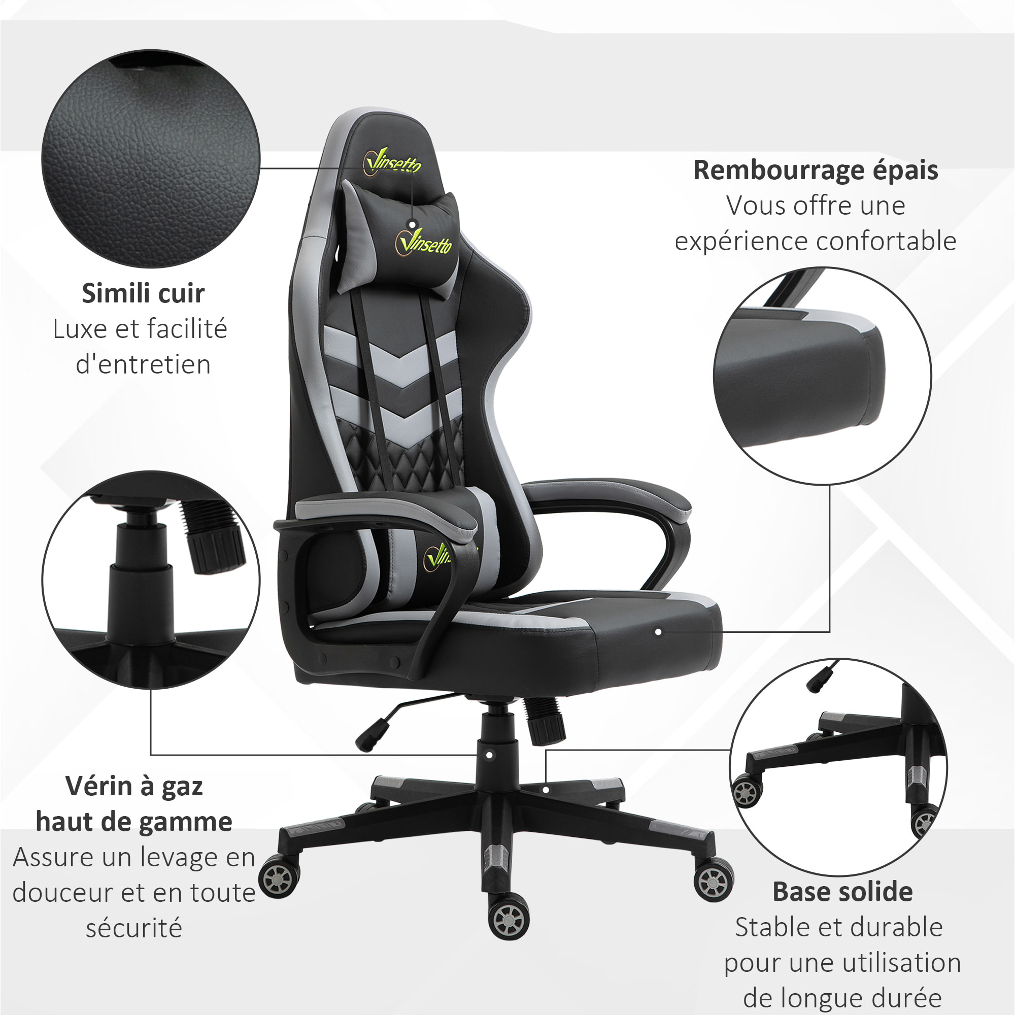 Chaise de bureau gaming réglable - coussin lombaires et tétière inclus - fonction bascule verrouillable - noir gris