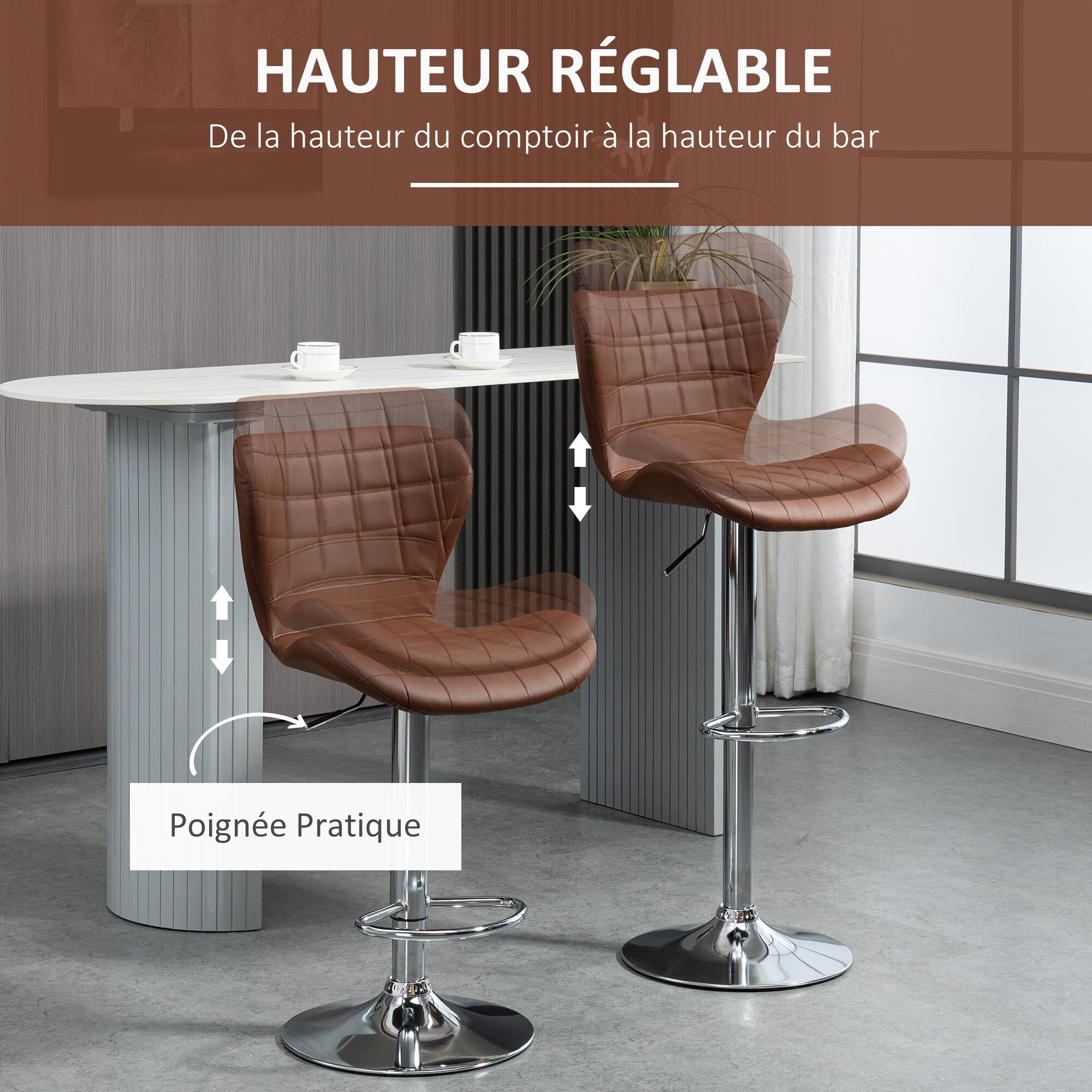 Lot de 2 tabourets de bar design contemporain hauteur d'assise réglable 59-81 cm pivotant 360° PU marron