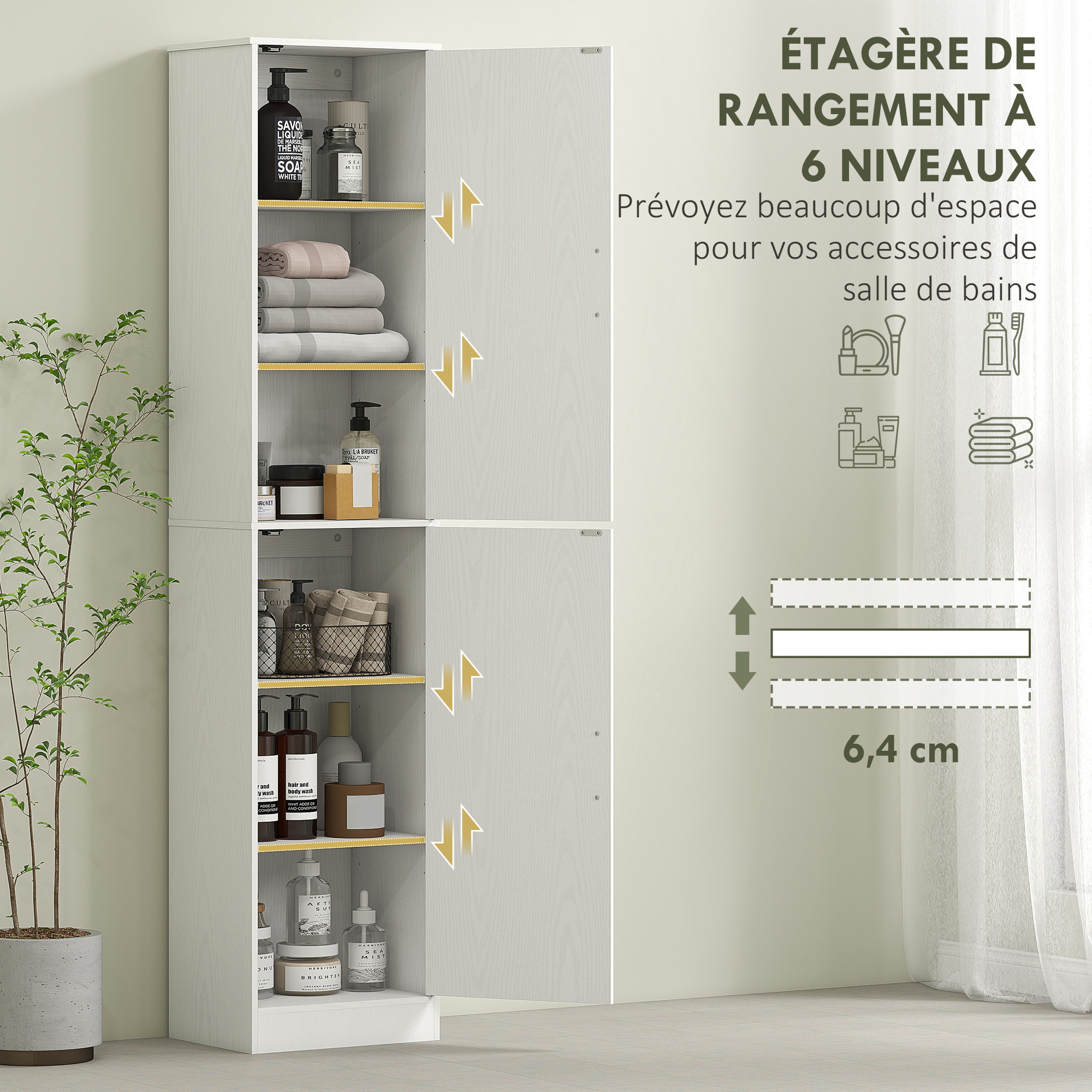 Colonne salle de bain H180 cm - 2 portes, 4 étagères réglables - effet bois blanc