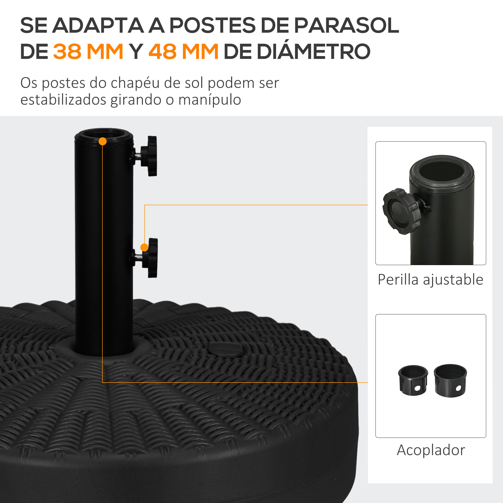 Base de Sombrilla Redondo Soporte para Parasol Rellenable de Agua 22 kg y Arena 29 kg para Poste de Parasol de Ø38/48 mm Superficie de Imitación de Ratán Ø51x36 cm Negro