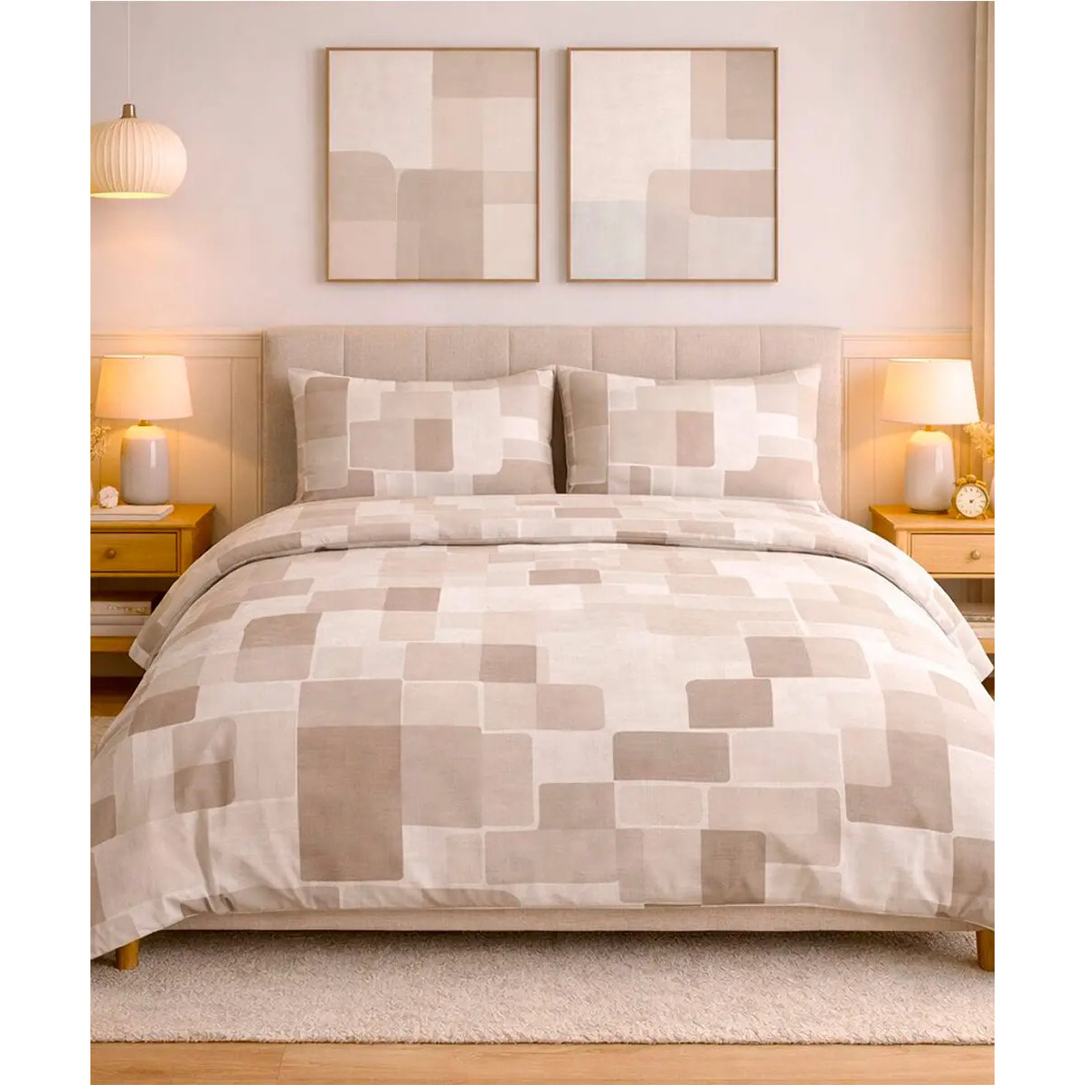 Parure Copripiumino Brick Beige per letto singolo in 100% Cotone e Made in Italy, cubi geometrico