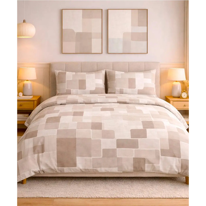 Parure Copripiumino Brick Beige per letto singolo in 100% Cotone e Made in Italy, cubi geometrico