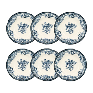 Lot de 6 assiettes creuses fleuries en porcelaine bleu 22cm FAUSTINE