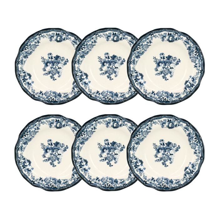 Lot de 6 assiettes creuses fleuries en porcelaine bleu 22cm FAUSTINE