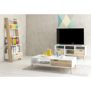 Libreria con un cassetto e quattro ripiani, colore bianco e rovere, cm 55 x 180 x 48.