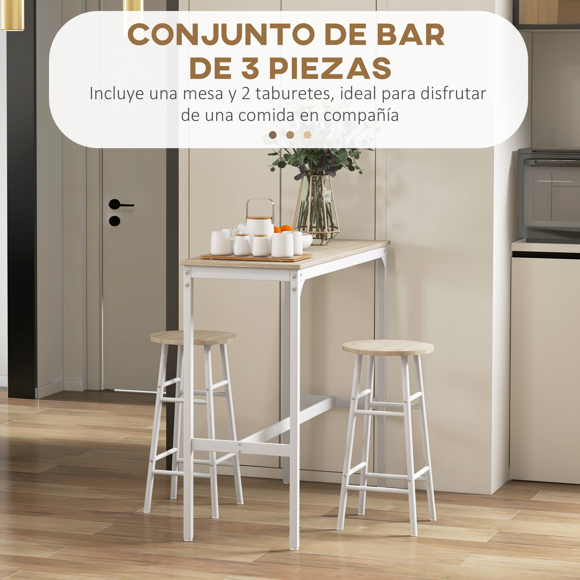 Conjunto de Mesa Alta de Bar con 2 Taburetes Mesa Alta de Cocina con Taburetes Marco de Acero Estilo Industrial Mesa Alta para Comedor Natural y Blanco