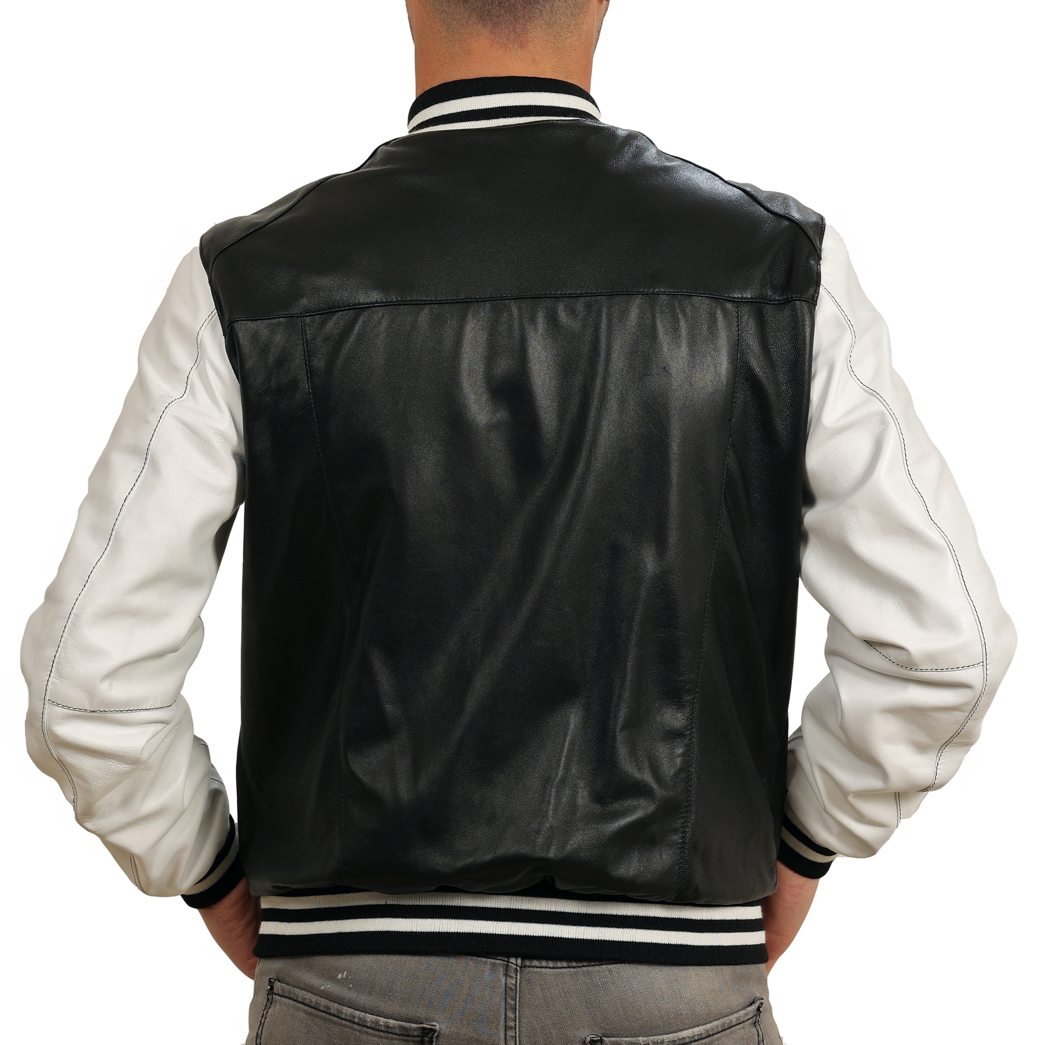 Bomber bicolore in pelle di vitello Nero-Bianco Slim Fit