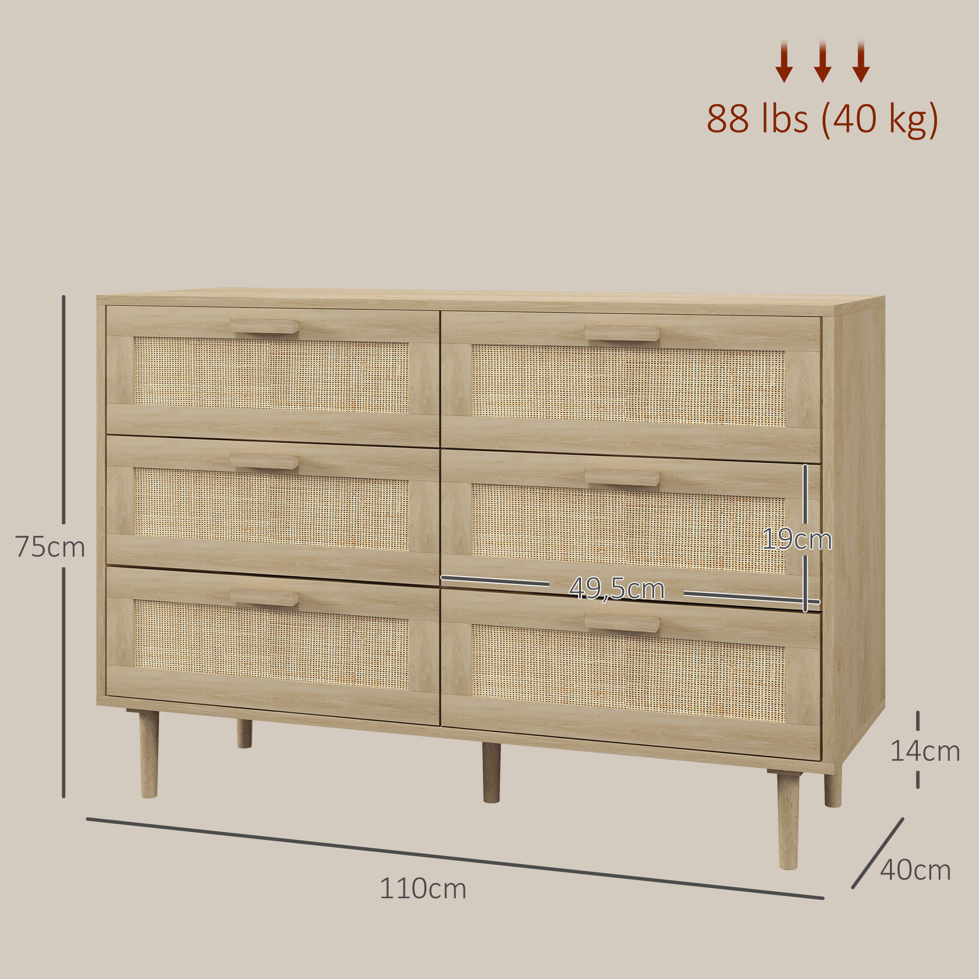 Cómoda 6 Cajones con Frontal de Ratán, Cómoda Dormitorio con Patas de Madera, Cajonera para Salón, Oficina, Estilo Bohemio, 110x40x75 cm, Roble