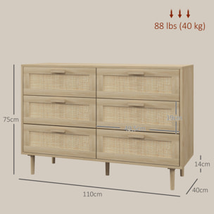 Cómoda 6 Cajones con Frontal de Ratán, Cómoda Dormitorio con Patas de Madera, Cajonera para Salón, Oficina, Estilo Bohemio, 110x40x75 cm, Roble