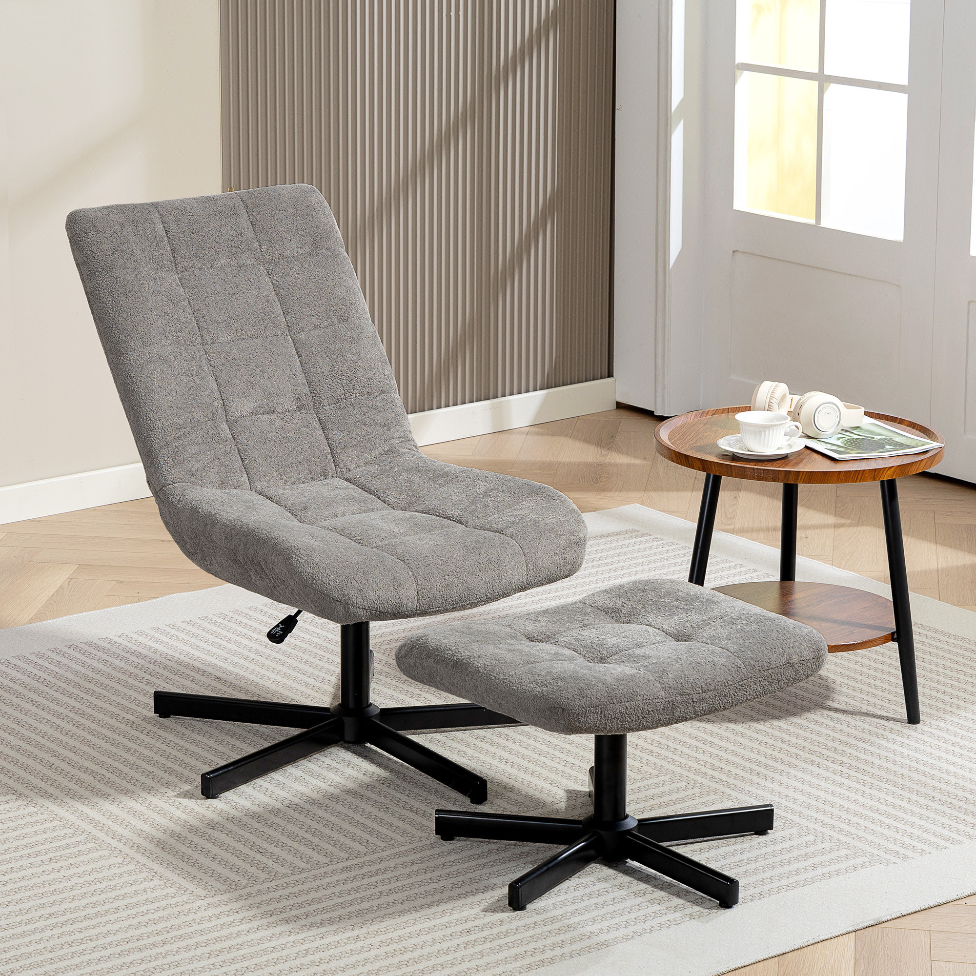 Fauteuil lounge inclinable pivotant avec repose-pieds métal noir tissu bouclé gris