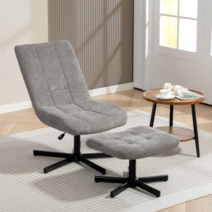 Fauteuil lounge inclinable pivotant avec repose-pieds métal noir tissu bouclé gris