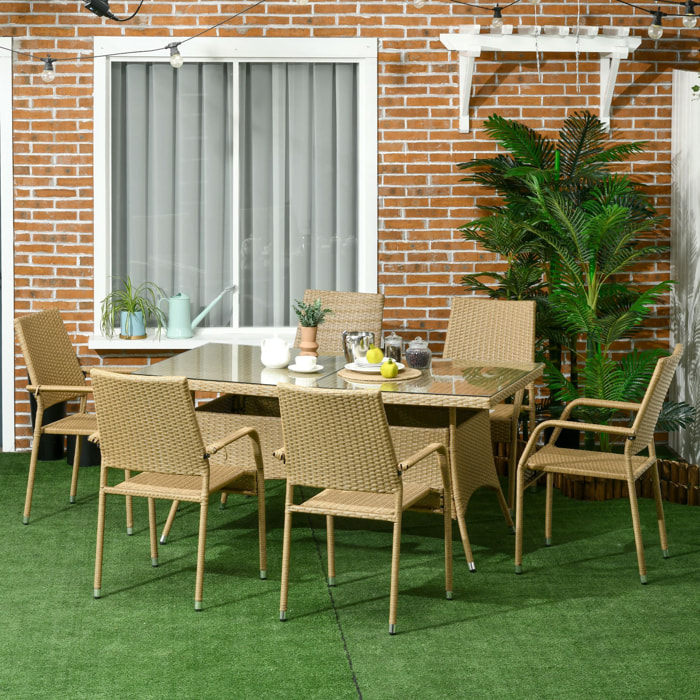 Conjunto de Muebles de Ratán PE Juego de Comedor de Jardín 7 Piezas Mesa de Centro con Tablero de Vidrio y 6 Sillas Apilables con Cojines para Terraza Patio Arena