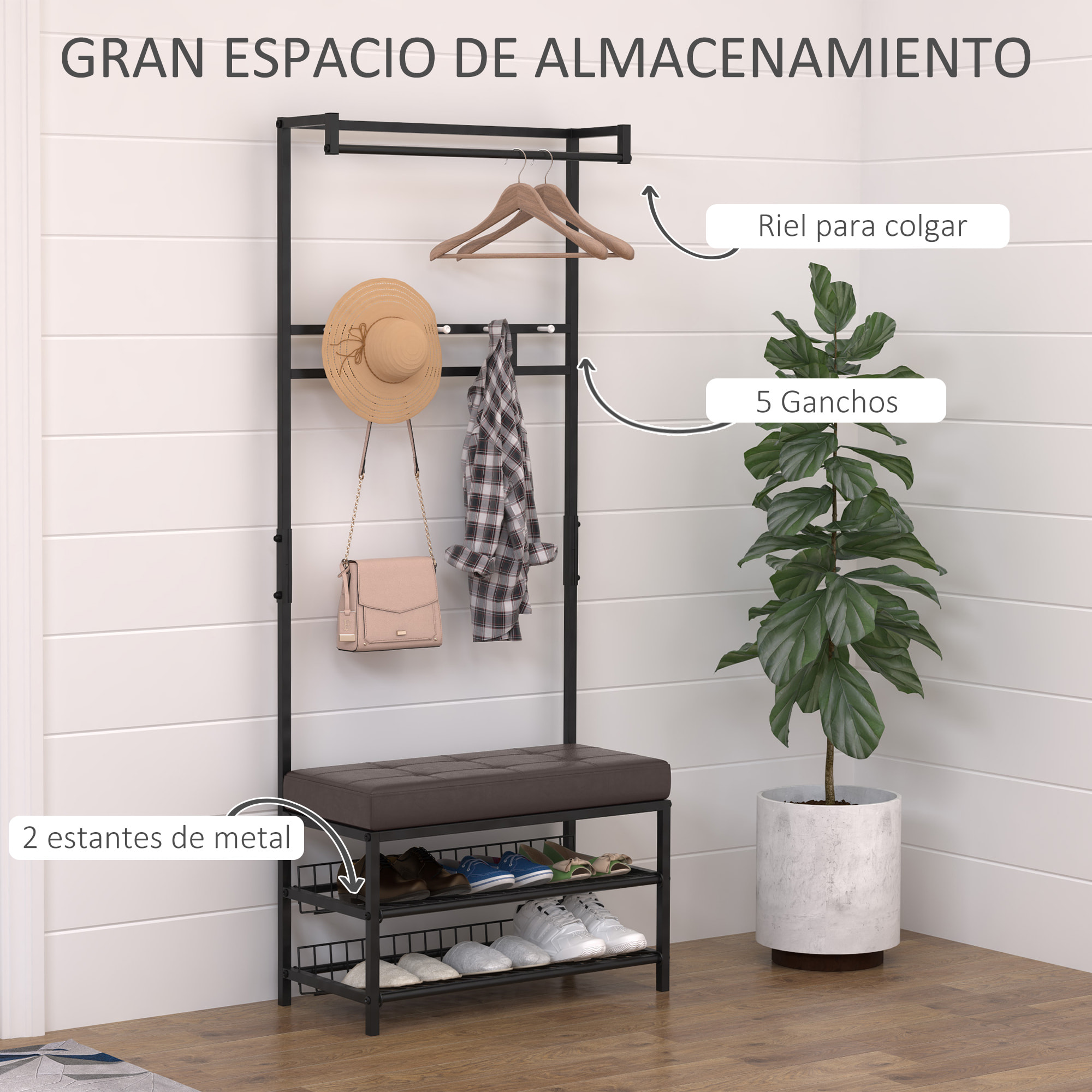 Perchero de Pie Metálico con Colgador de Ropa + Asiento + Zapatero 72.5x35x180cm