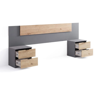 Cabecero para cama de 135-150 cm y 2 mesitas con cajones en gris grafito y apline oak Akari Gris Grafito - Alpine Oak