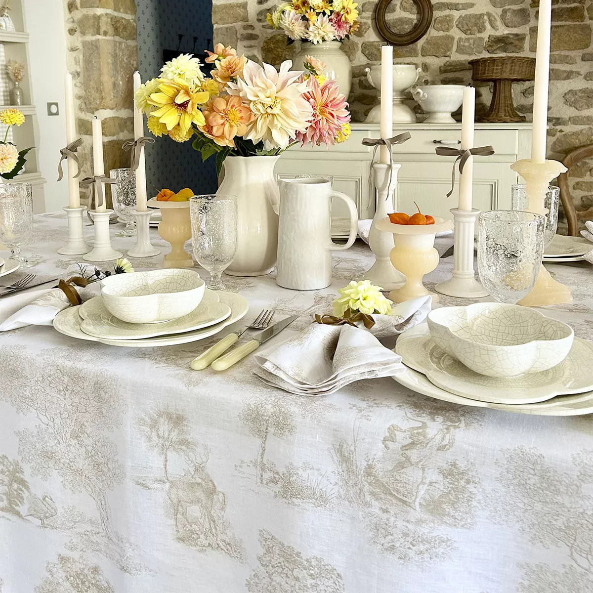 Nappe pur lin 165 g/m² imprimé beige Poesie naturel