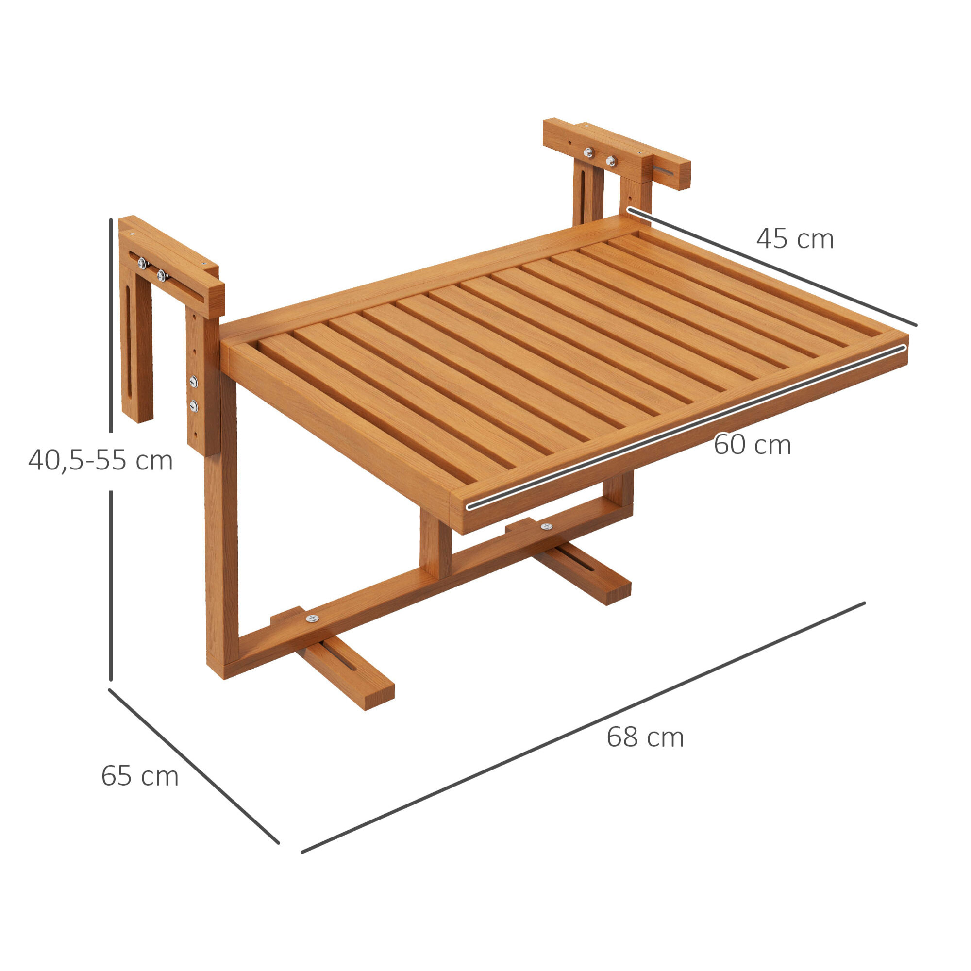 Outsunny Mesa Colgante de Balcón Mesa para Balcón Plegable de Madera con Altura Ajustable en 4 Niveles Carga 20 kg para Terraza 68x65x40,5-55 cm Madera Natural