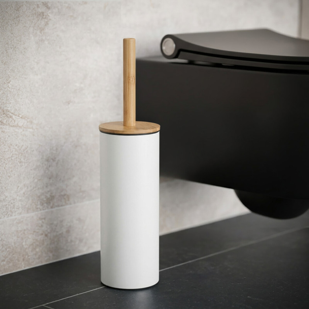 Brosse wc avec support Acier & Bambou ADONIS Blanc mat - Poils résistants en silicone Spirella