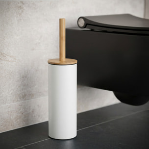 Brosse wc avec support Acier & Bambou ADONIS Blanc mat - Poils résistants en silicone Spirella