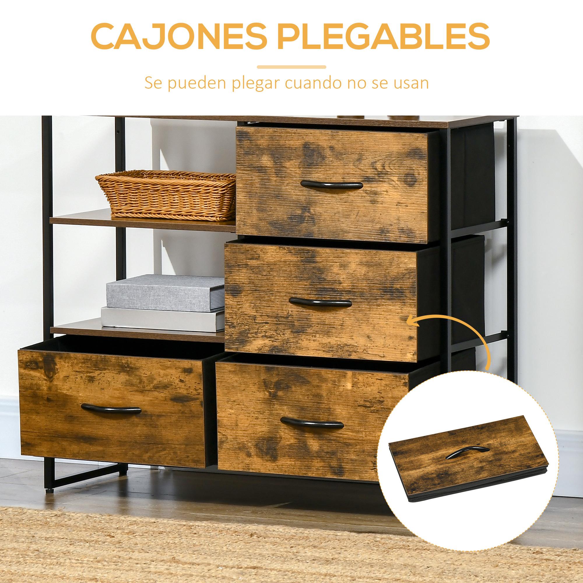 HOMCOM Cómoda Cajonera con 4 Cajones de Tela Plegable y 2 Estantes Abiertos Armario de Cajonera para Oficina Estudio Dormitorio Estilo Industrial Antivuelco 84x30x71,5 cm Marrón Rústico